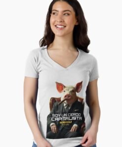 Camiseta entallada de cuello en v | Cerdo capitalista 4.0